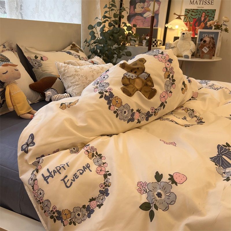 ins 和風レトロブラウンキルトカバー寝具4点セット無地シンプルキルトシーツ寮3点セット|undefined