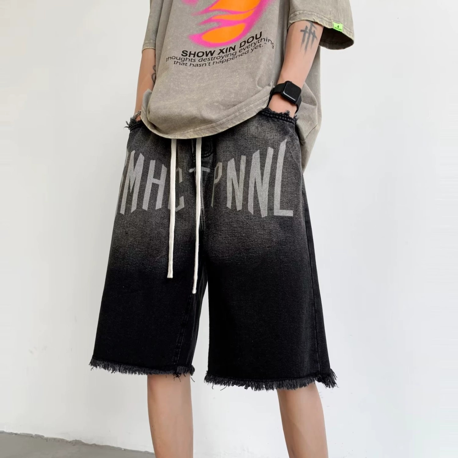 Джинсовые шорты с эластичной резинкой на талии, мужские летние брюки в стиле ретро в стиле хип-хоп с пятью точками, модные европейские и американские уличные брюки с необработанными краями