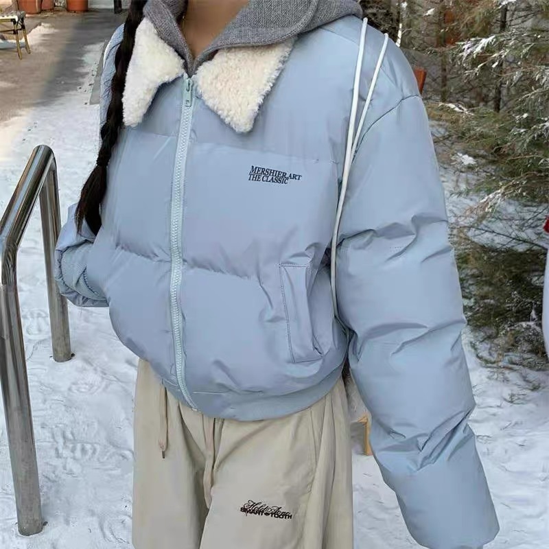 Letras bordadas empalmadas con solapa plumón chaqueta de algodón para mujeres 2025 invierno suelto y grueso chaqueta corta de algodón