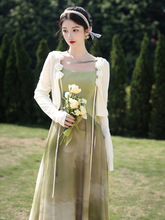实拍 复古水墨画印花吊带裙搭配针织立体玫瑰外套 两件套套装