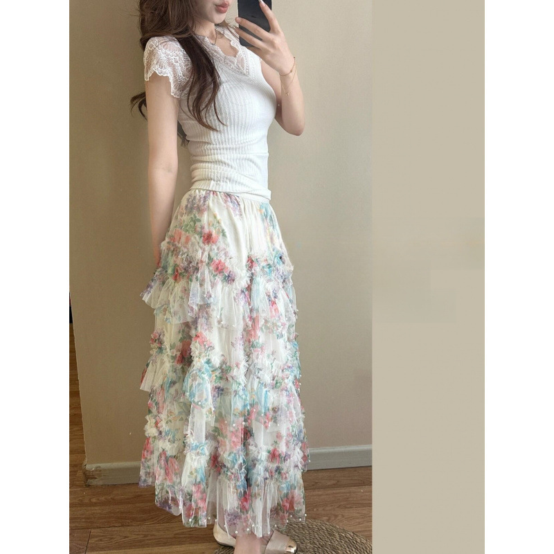 Design Sense Heavy Industry Bead Irregular Printing Mesh Yarn Large Set Cake Skirt Lace Stitching Collar Sweater suit