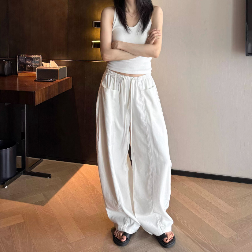 Quần culottes nữ ống rộng cạp thun dây rút vải linen mùa hè — màu đen, màu trắng ngà chi tiết 1