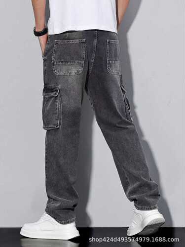 American-style street cool retro multi-pocket work jeans for spring and autumn, loose straight-leg casual pants