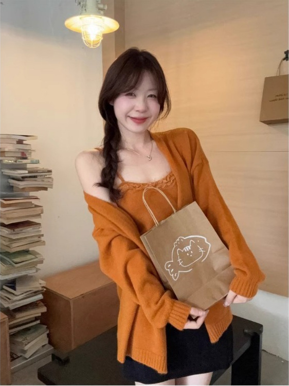 韩风蕾丝拼接针织吊带背心中长款毛衣开衫套装女秋冬慵懒风两件套|undefined