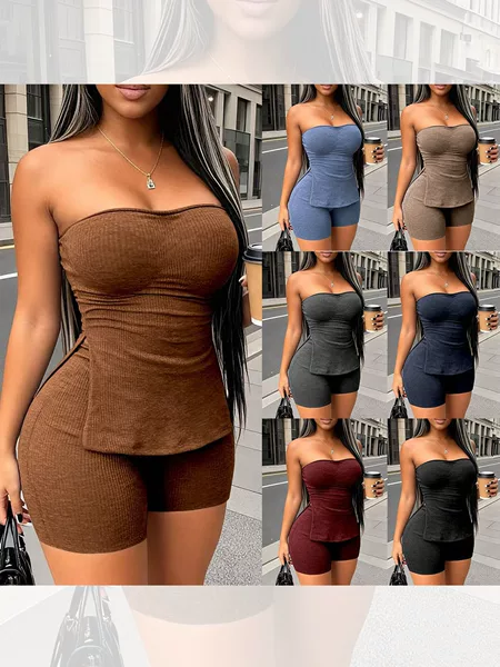 2026 New Amazon Independent Site Cross-Border Foreign Trade European and American Women's Fitted Bustier Slit Top and Shorts Set
