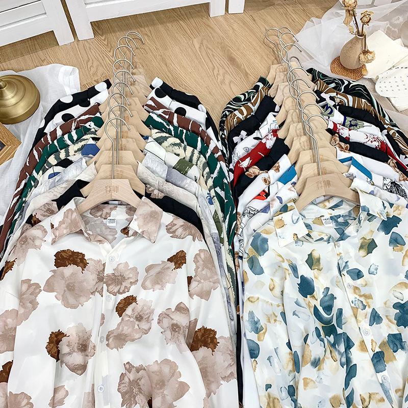 Cold style loose ink tie-dyed printed long-sleeved shirt Women's Spring and Autumn elegant retro niche outdoor overlapping top