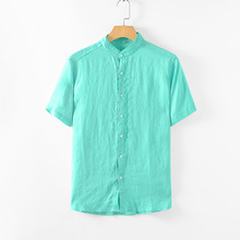 2025年夏新款亚麻男装 清新小立领短袖亚麻衬衫男 清爽麻衬衣B007