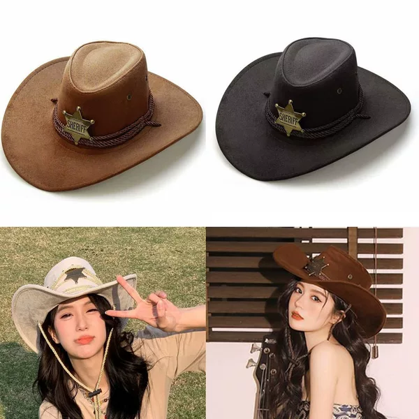 Suede Cowboy Hat for Men and Women, Wide-Brimmed Sun Protection Straw Hat for Adults, Windproof Rope