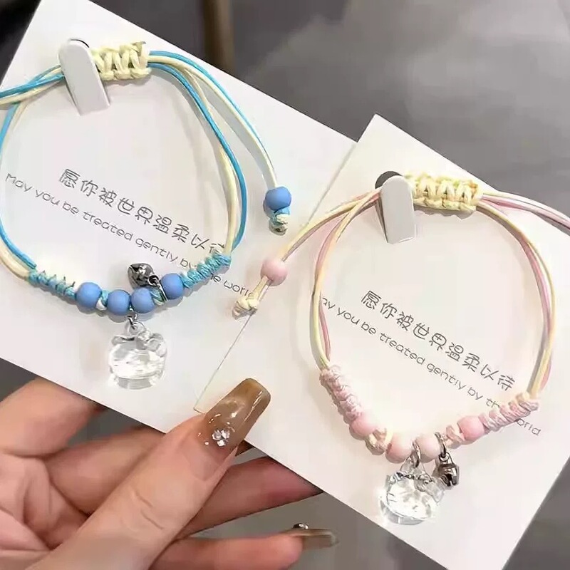 New Cartoon Hello Kitty Woven Bracelet for Women, High-End, Sweet, Girly Style, Pink Hand-Woven Bracelet
