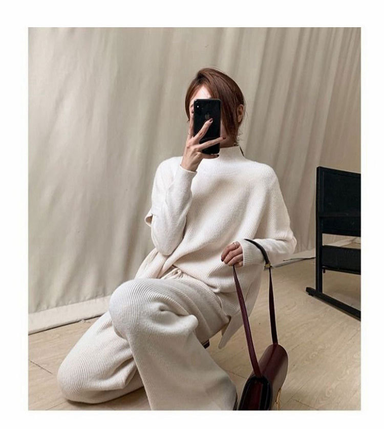 Spring New Lazy Style Casual Loose Waist High Collar Sweater Wide Leg Pants Knitted Women s Piece Set_voghion.com