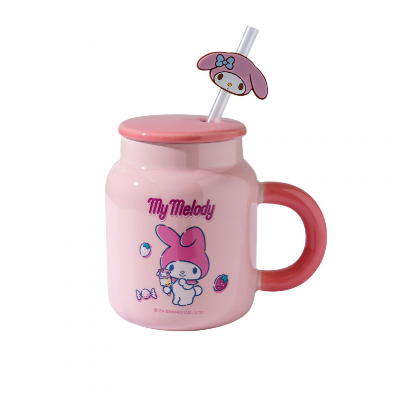 Auténtica taza Sanrio hermosa caja de color con tapa de taza de paja con patrón de dibujos animados taza de cerámica de alto valor facial