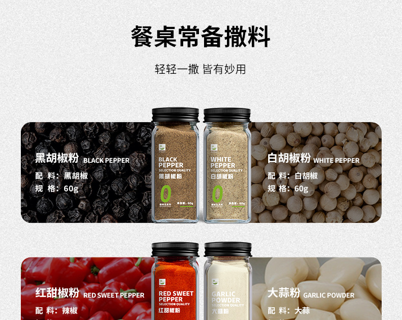 Chinese and Western cuisine spices cumin black and white pepper salt sweet pepper garlic parsley chopped onion powder house five spice