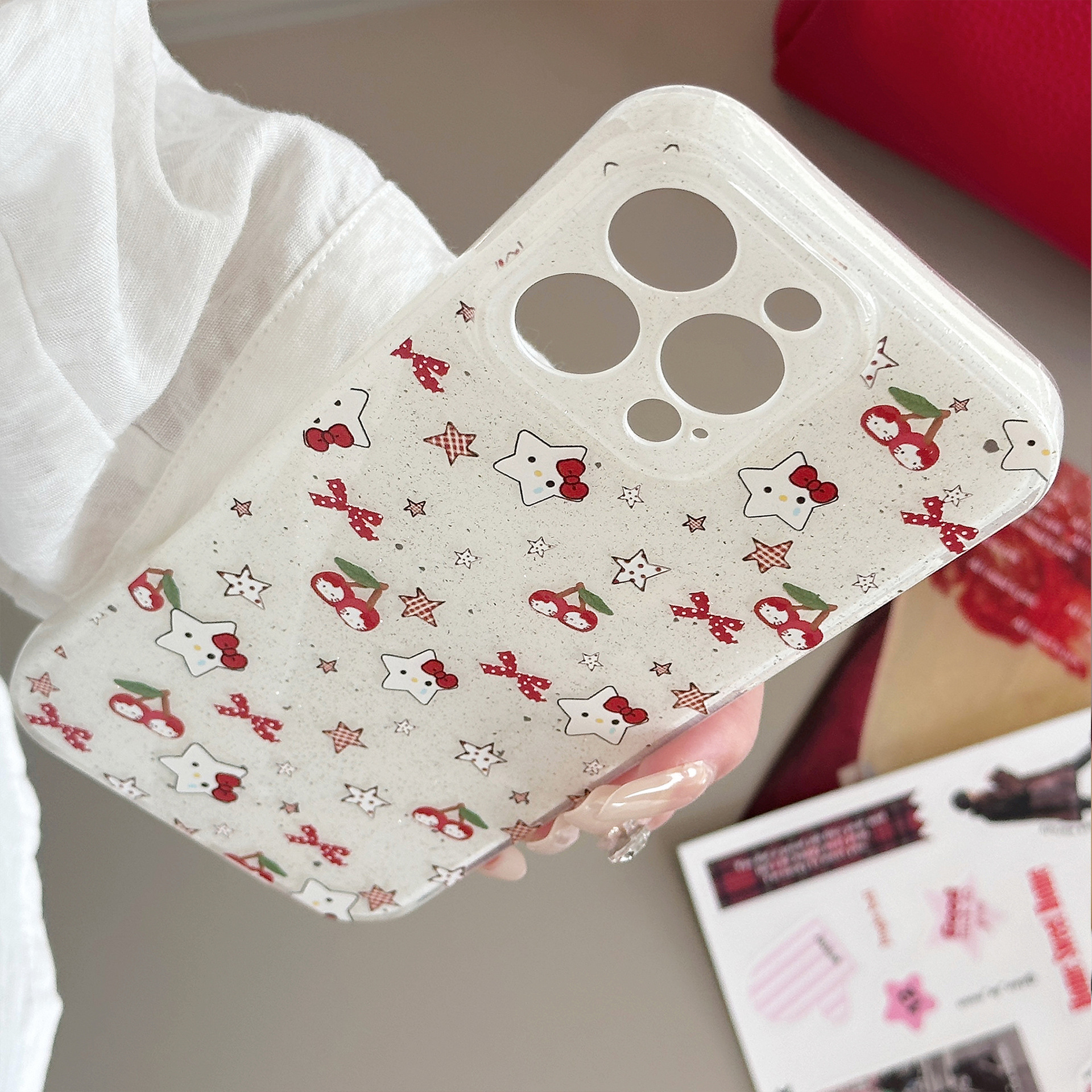 Funda brillante para iPhone 16, compatible con el teléfono Apple 13, diseño de gato cereza, con soporte para iPhone 15 Pro Max, colgante para iPhone 17