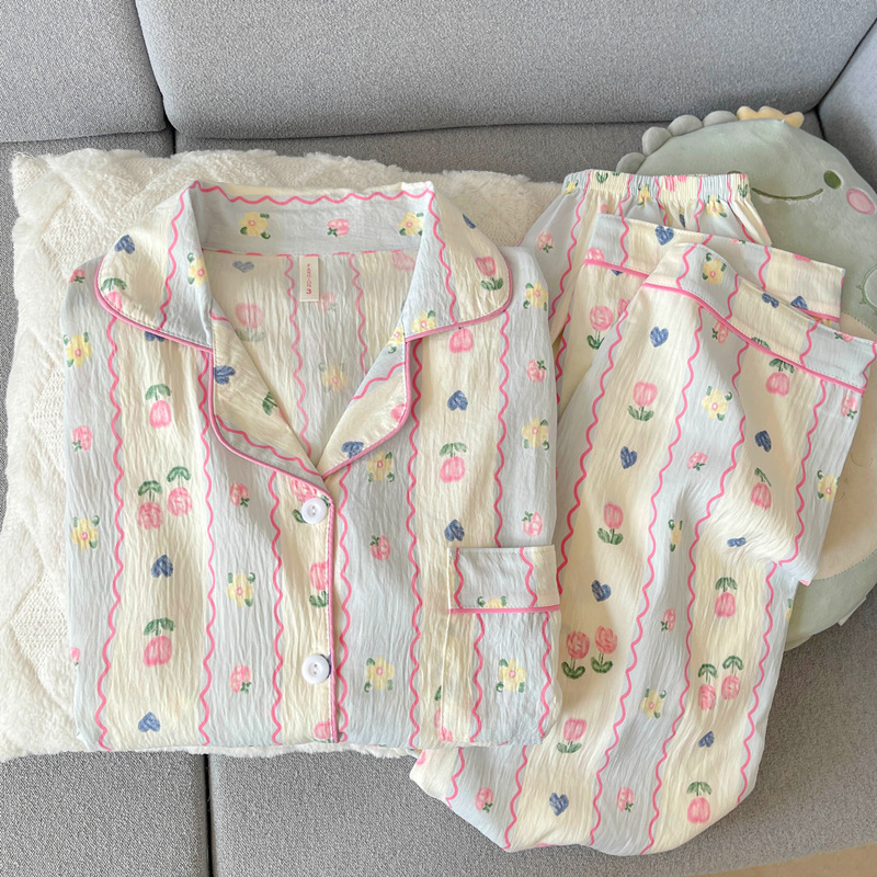 日系格子helloKitty睡衣女款春秋夏季纯棉长袖可爱开衫棉纱家居服|undefined
