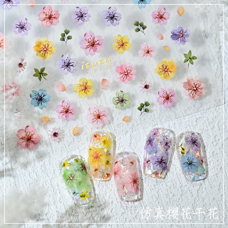 Nuevo color de flor de cerezo seco pegatinas de uñas en línea simulación micro-relievo nuevo tipo de pegatinas de uñas de flores picadas