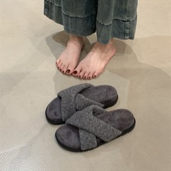 网红羊羔毛交叉带厚底增高毛毛拖鞋女外穿百搭休闲居家棉鞋子