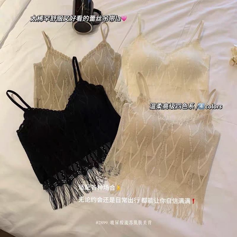 新しいスタイルのタッセルレースキャミソールレディース夏薄型胸パッド付きスリムインナーベルト美しいバックボトミングトップ|undefined