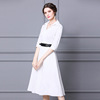 Design of spring dress with waistband closing waist showing thin mid length shirt collar skirt