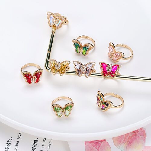 Japanese and Korean crystal glass butterfly open ring light luxury versatile temperament women's new multi-color three-dimensional 18K gold jewelry