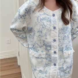 韩国ins女士秋冬新品韩系水墨画夹层棉加厚花边宽松家居服套装女