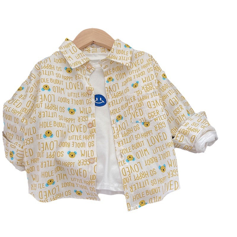 Camisa de algodón puro con solapa y dibujos animados para niños, estilo nuevo 2025, ropa infantil, camisa elegante de manga larga para bebés, top de primavera para niños
