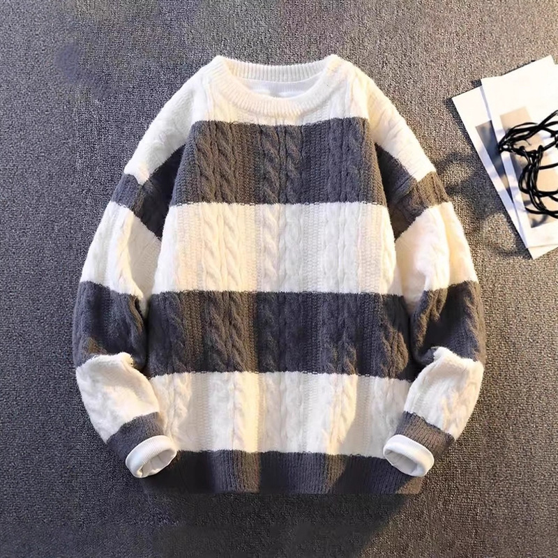Round Neck Knitwear Men's Autumn and Winter New American Style Retro Thickeneded Warm Knitwear Men's Twist Stripesd Knitwear