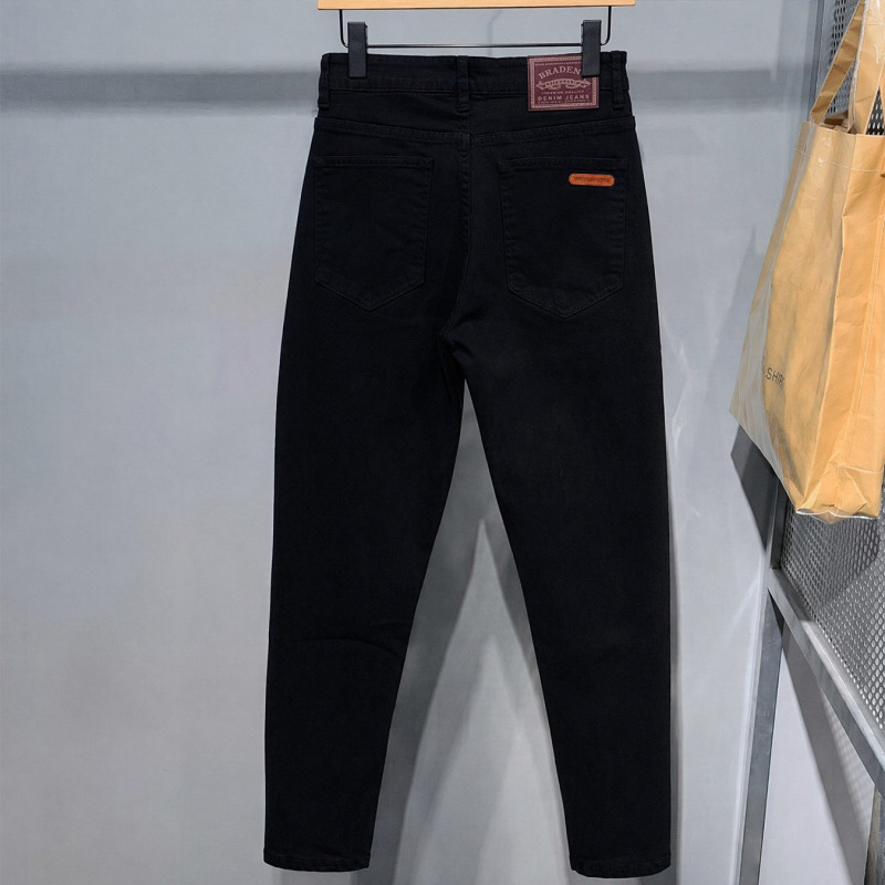 202 Summer Basic Plain Black High-Stretch Jeans for Men with Small Leather Label, Simple Tapered Cropped Pants Twmu Cross-Border 202 Summer Basic Plain Black High-Stretch Jeans for Men with Small Leather Label, Simple Tapered Cropped Pants Twmu Cross-Border