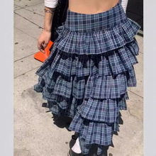 欧美蓝格纹蛋糕裙女新款春秋复古小众设计感多层蓬蓬裙中长裙跨境
