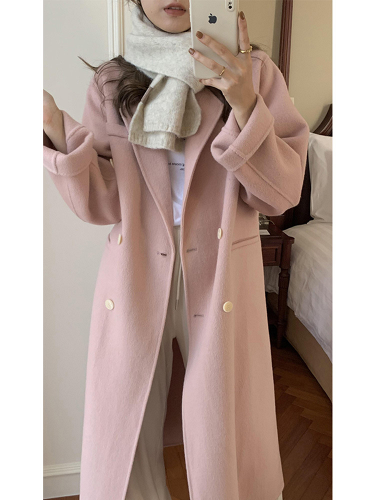 Autumn and Winter must buy women's pink high-grade double-sided cashmere coat small mid-length woolen coat for women