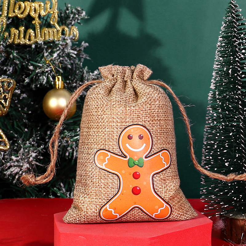 Transfronteriza nueva bolsa de lino de Navidad al por mayor bolsa de embalaje de caramelo con cordón decoraciones de Navidad bolsa de almacenamiento con cordón