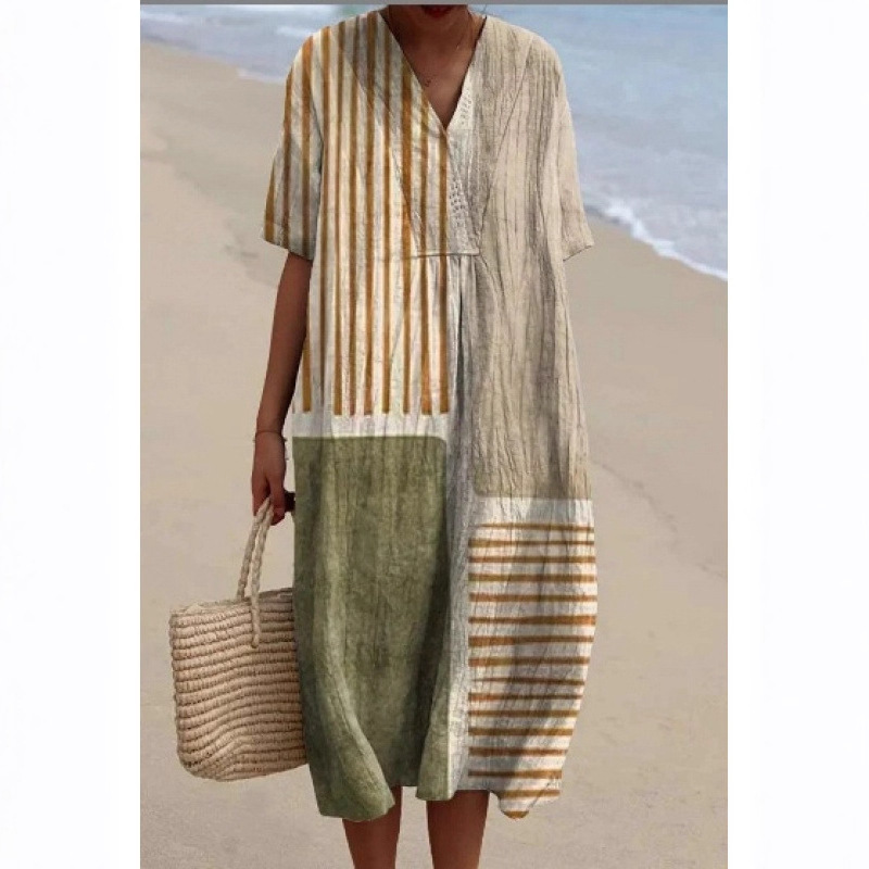 独立站新款大码女装衬衫短袖连衣裙 创意鱼图案 度假风连衣裙工厂