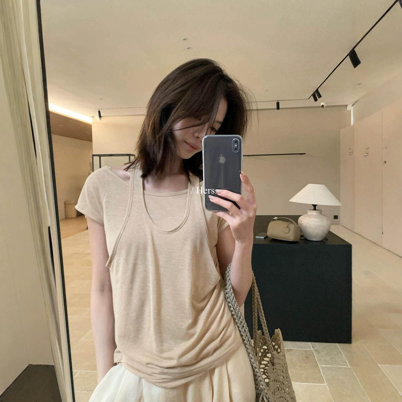 Hers Sweet Summer Korean Style Youthful Patchwork Design Two-Piece Halter Neck Round Neck Short Sleeve T-Shirt for Women 80790