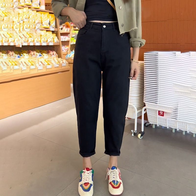 黑色大码哈伦牛仔裤女加绒春秋新款小个子显瘦胖女士老爹萝卜裤