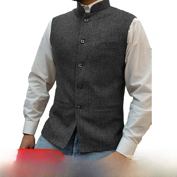 Cross-Border Preferred Men's Vest, Stand Collar, Zhongshan Style Vest, Herringbone Pattern Vest, Factory Direct Sale, Ready-Made Vest
