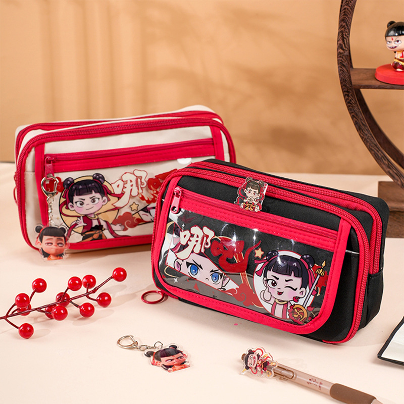 Nuevo Nezha bolsas de lápiz plegables de alta capacidad, caja de lápiz para estudiantes de escuela primaria, caja de almacenamiento de papelería para estudiantes de secundaria