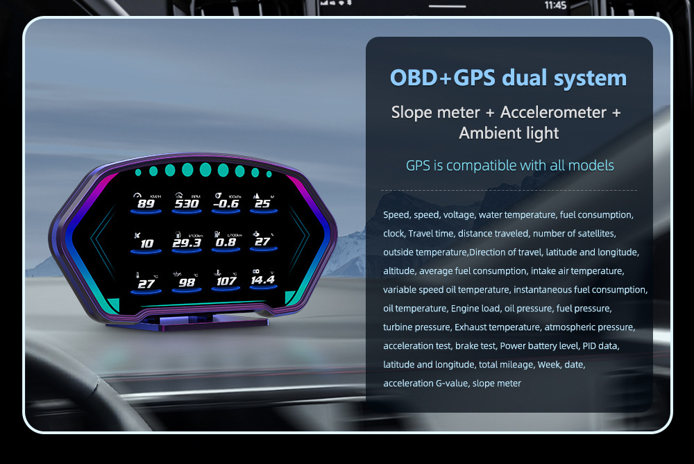HUD car head-up display multi-functional vehicle-mounted LCD inclinometer high-definition speed fuel consumption OBD+GPS instrument