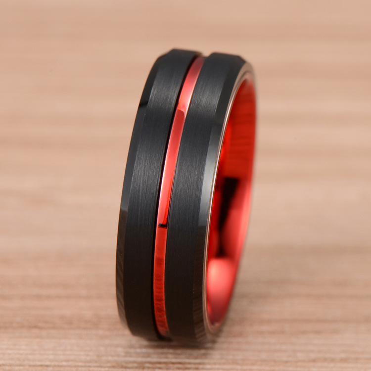 欧美时尚双色黑红色凹槽不锈钢戒指 (1)