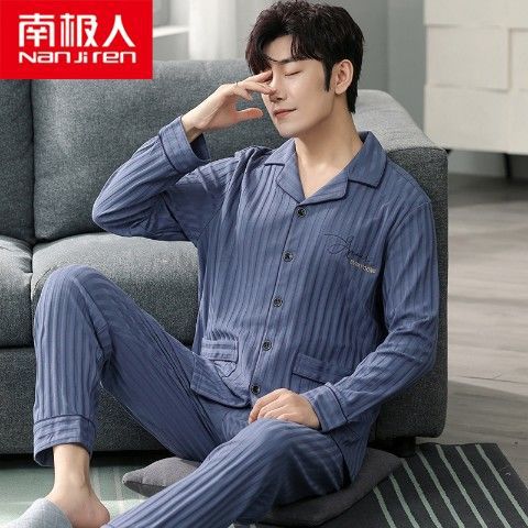 Pijamas de los hombres manga larga 100% algodón primavera, otoño e invierno algodón flojo más tamaño traje desgaste del hogar