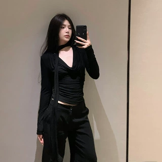 跨境欧美风2025春季新款女装时尚性感辣妹V领纯色打底长袖上衣