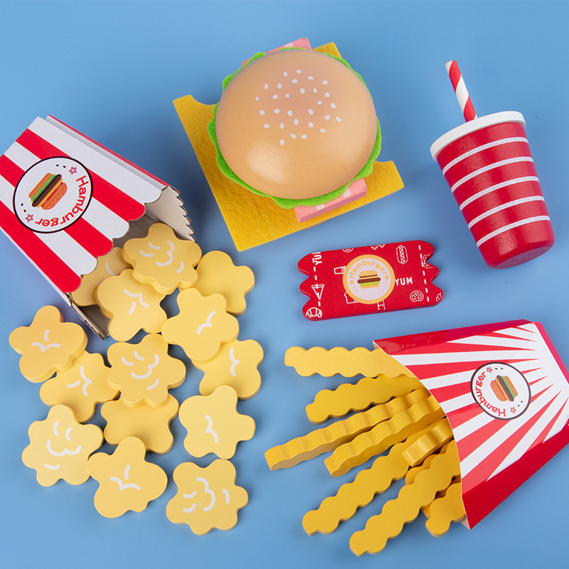 Niños de madera hamburguesa fritas cubo traje combinación cocina juego casa alimentos Juguetes