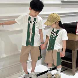 25夏季新款儿童棉质圆领短袖T恤上衣经典条纹撞色短裤运动两件套