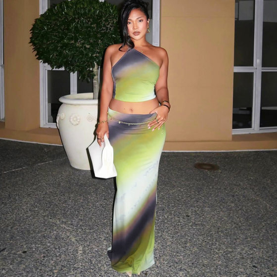 Amazon Cross-border Women's 2025 Summer New Gradient Shoulder Backless Vacation Casual Slim Long Dress suit
