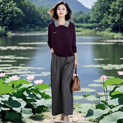 洋气穿搭女装2025秋季新款气质显瘦翻领针织衫时尚休闲裤两件套装