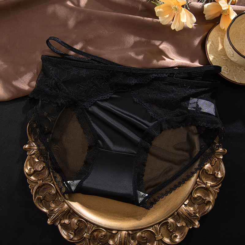Ropa interior de malla de encaje puro francés mujer sexy banda hueca ligera de lujo doble piel agradable para la piel chica de cintura media entrepierna antibacteriana