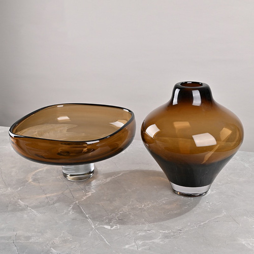Modern light luxury tea color glass vase fruit bowl set decorative hotel model room entrance desktop soft decoration item