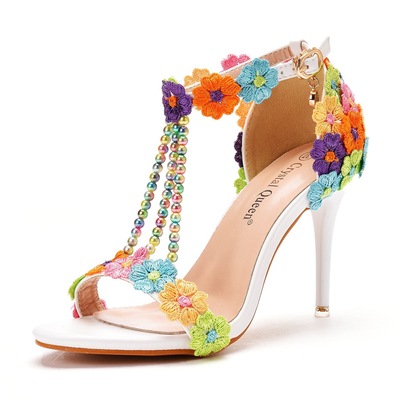 Rainbow rose flowers 9 cm high-heeled sandals bridesmaid wedding strap Evening Party singers wedding party Sandals colorful lace Roman sandals shoes for women