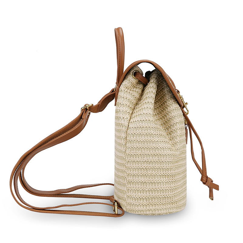 New Simple Contrast Patchwork Flap Drawstring Bucket Straw Bag Vacation Travel Women's Woven Backpack - Thumbnail 2
