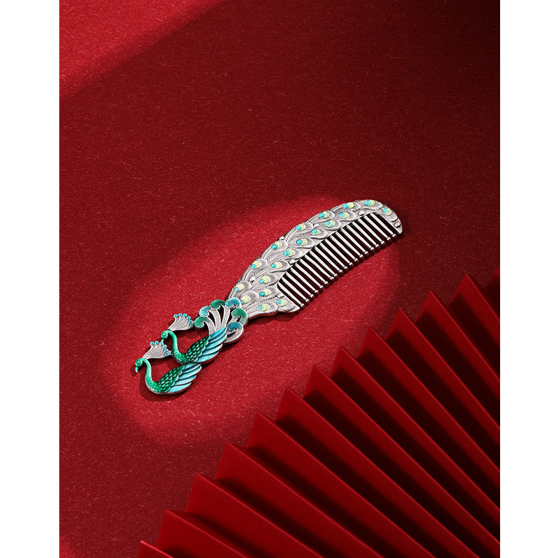 S999 plata esterlina peine del pelo de las mujeres hechas a mano del color del Pavo Real esmalte de plata pura peine cuidado de la salud raspado regalo para la Madre