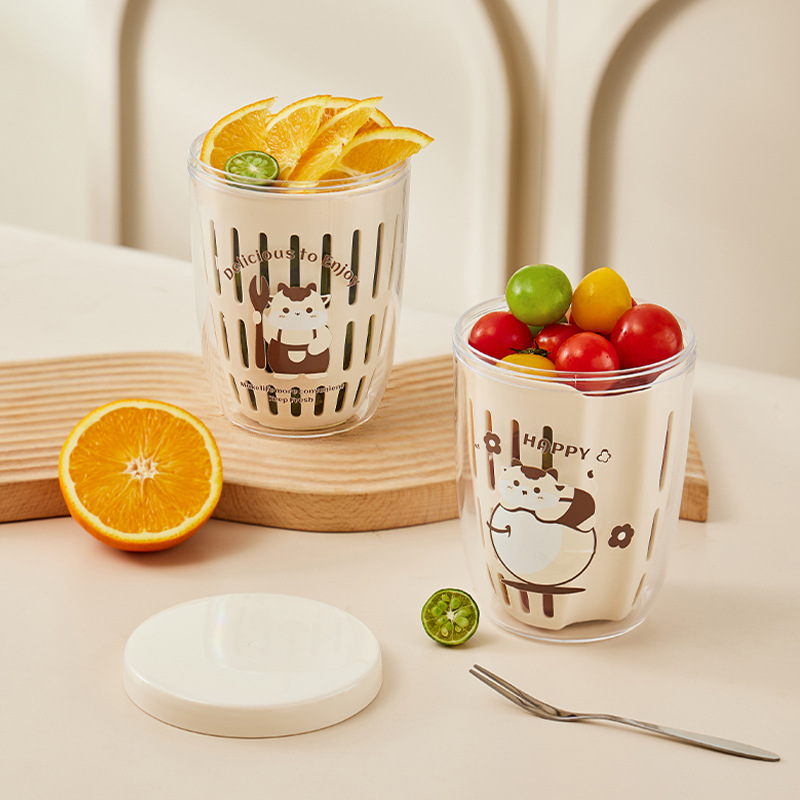 Fruit Cup picnic box double-layer drain cup with fork portable large capacity storage box sealed leak-proof salad box