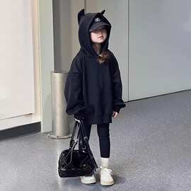 女童连帽卫衣春秋2025新款洋气儿童秋装超好看衣服女大童黑色上衣